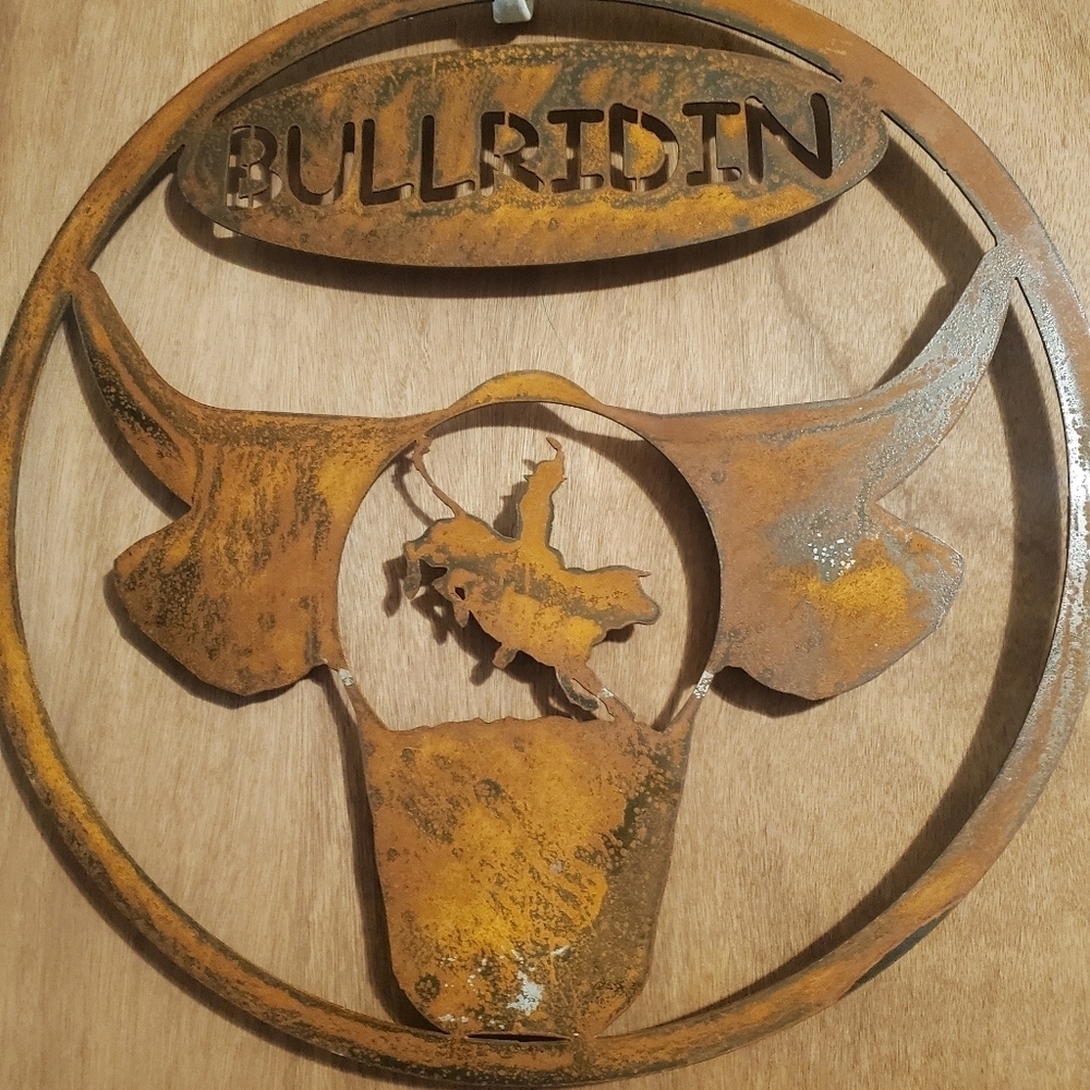 Rustic Bullriding Metal Sign. Round Rustic. Western. Bull Cowboy Horse - Picture 1 of 6